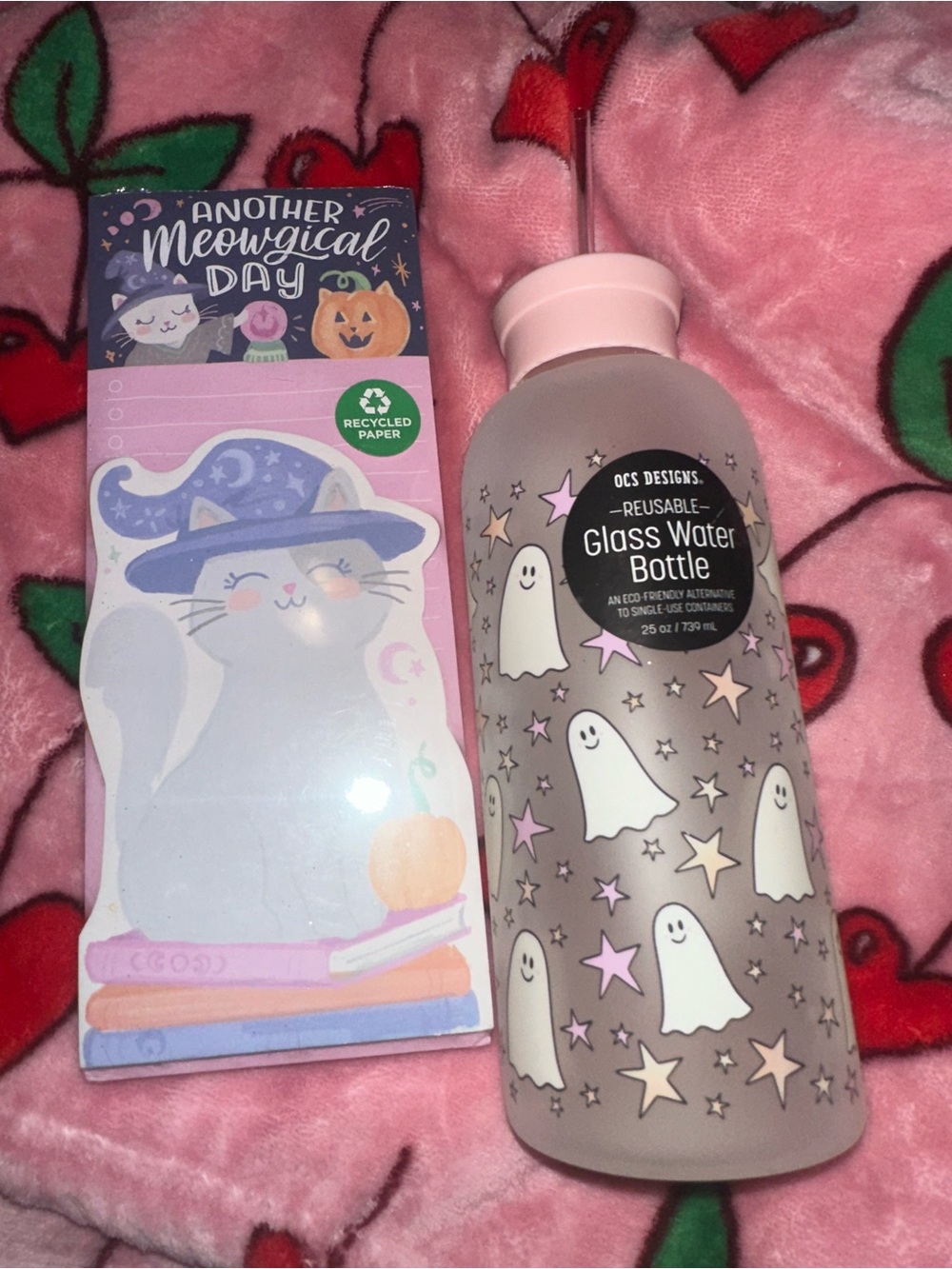 Marshalls Pink Ghosts & Stars Reusable Glass Water Bottle